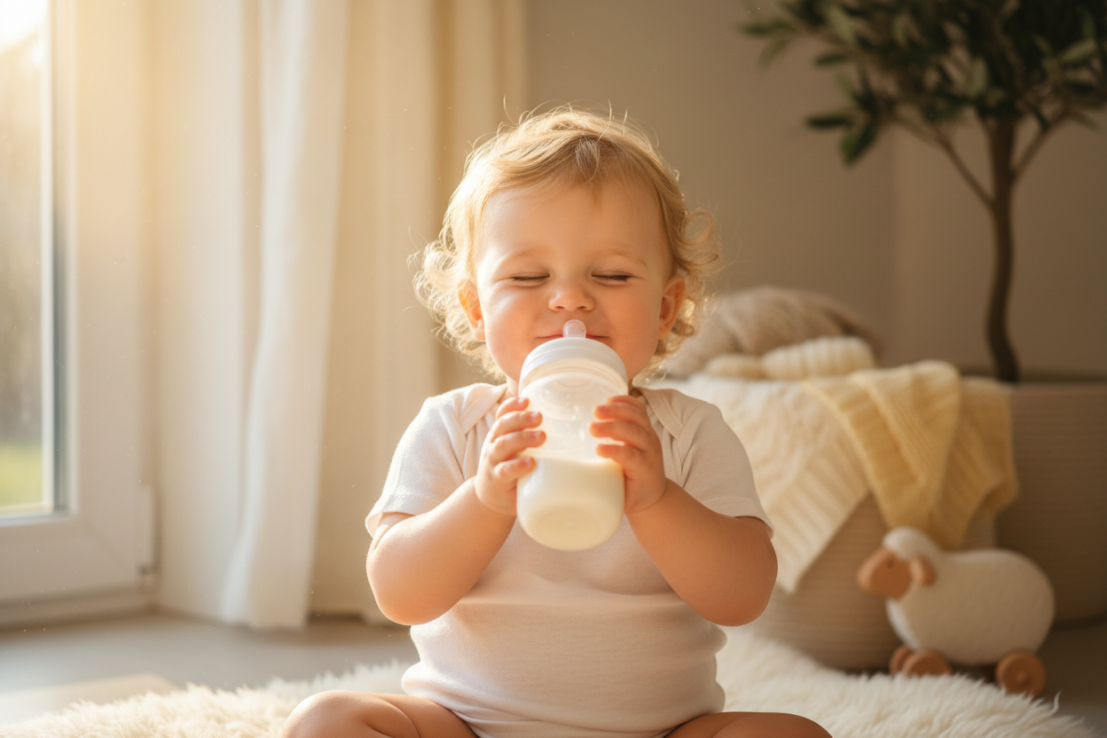 I would like a happy baby hold his bottle drinkink this sheepmilk  formula in n sunny 